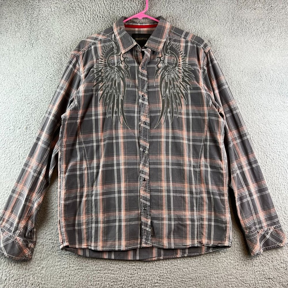 Ring of Fire Men's Western Plaid Snap Button Embroidered size XL‎